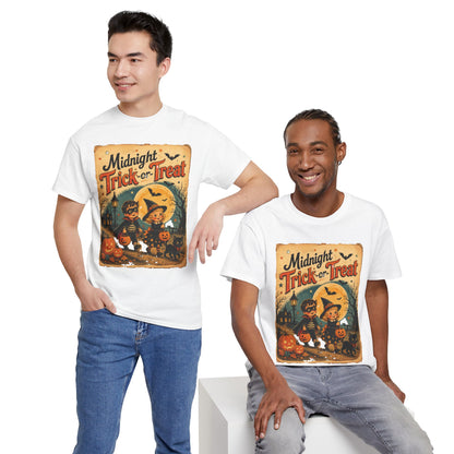 Camiseta de Halloween para niños "Midnight Trick-or-Treat" | Diseño vintage de gato y calabaza