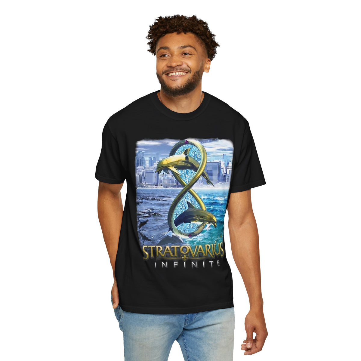 T-shirt Stratovarius Infinite avec logo dauphin | Illustration d'album de groupe de metal