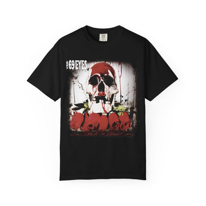 Camiseta The 69 Eyes Back In Blood con calavera y rosas | Camiseta gráfica de banda finlandesa de rock y metal gótico