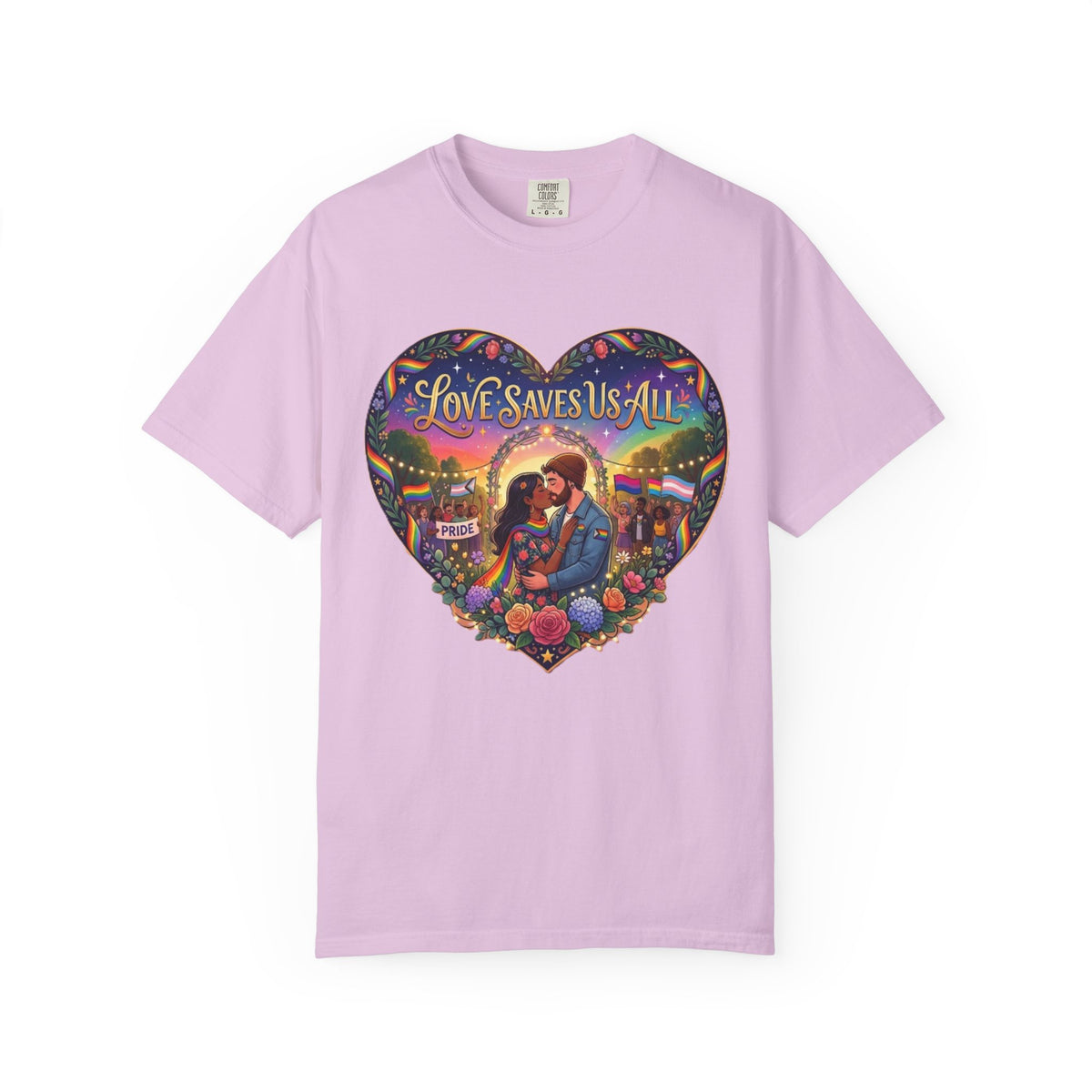 Love Saves Us All heart illustration LGBTQ T-shirt | Romantic couple, colorful sunset graphic scene tee