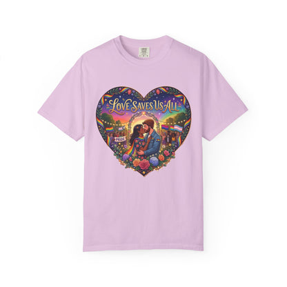 Love Saves Us All heart illustration LGBTQ T-shirt | Romantic couple, colorful sunset graphic scene tee