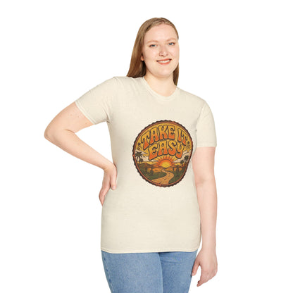 T-shirt Take It Easy sunset road | graphique rétro coucher de soleil et palmiers