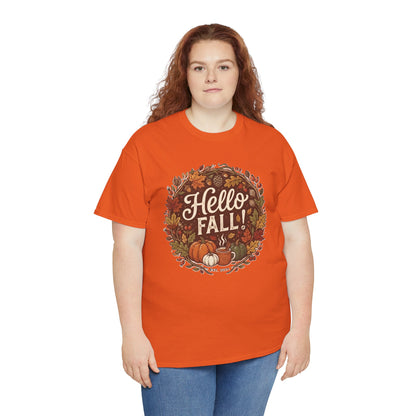 Hello Fall wreath Tee | Autumn pumpkins, leaves, cozy fall design