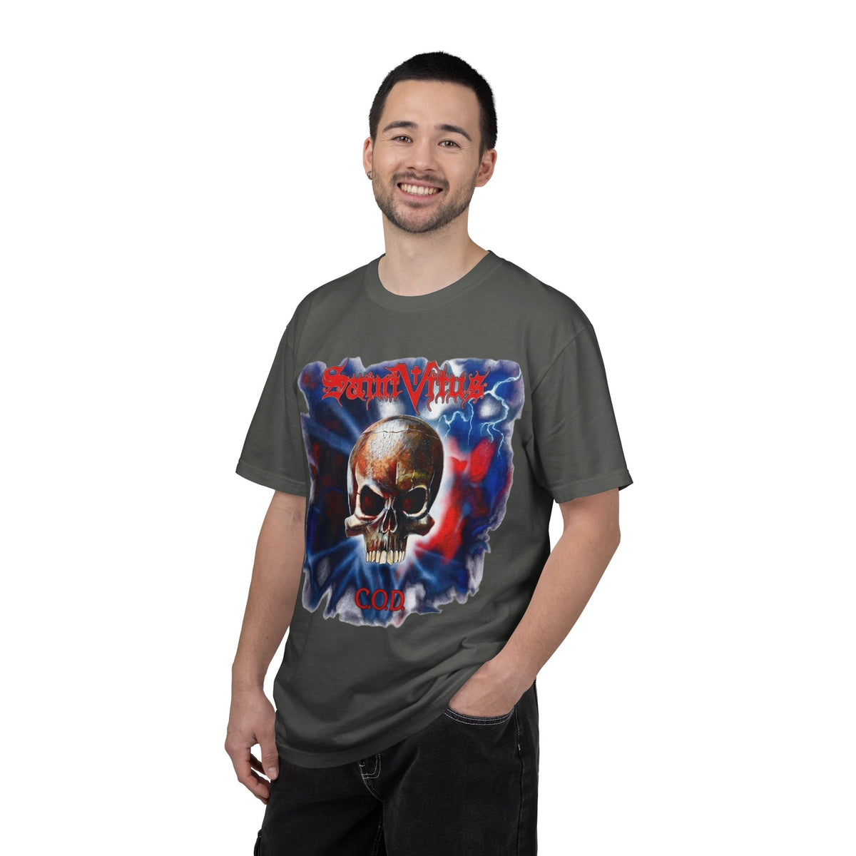 Saint Vitus Skull Graphic T-Shirt - Red Blue Gothic Artwork / Doom Metal Band Tee