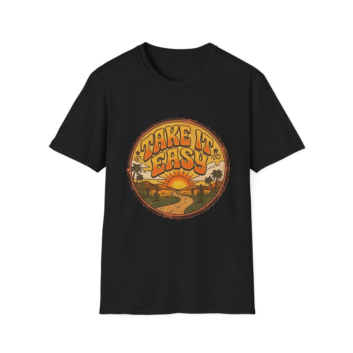 T-shirt Take It Easy sunset road | graphique rétro coucher de soleil et palmiers