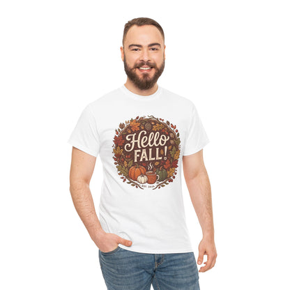 Hello Fall wreath Tee | Autumn pumpkins, leaves, cozy fall design