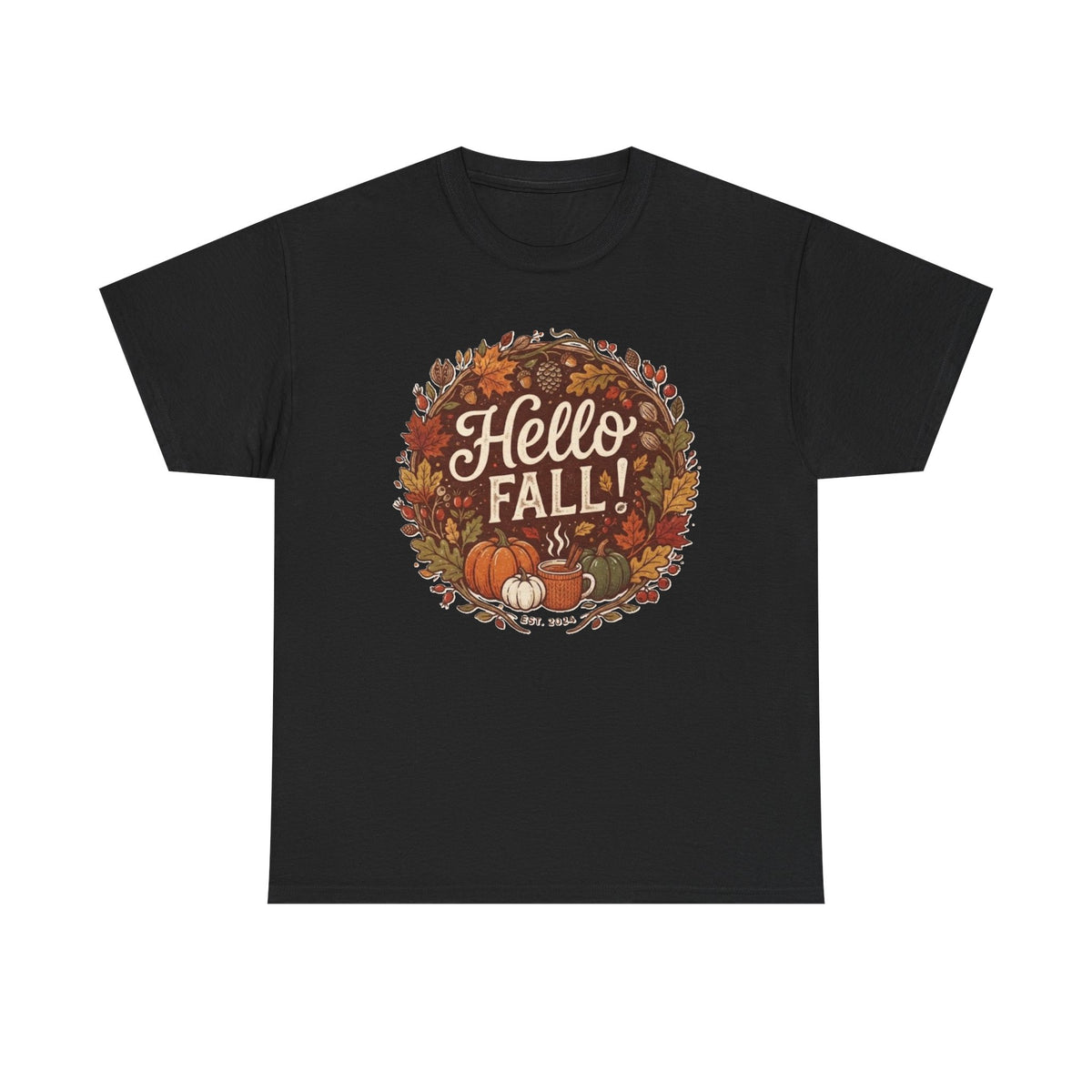 Hello Fall wreath Tee | Autumn pumpkins, leaves, cozy fall design