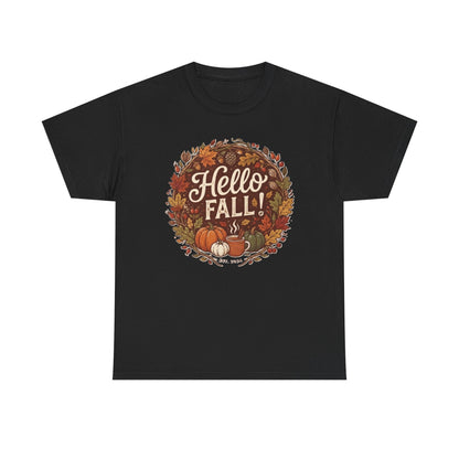 Hello Fall wreath Tee | Autumn pumpkins, leaves, cozy fall design