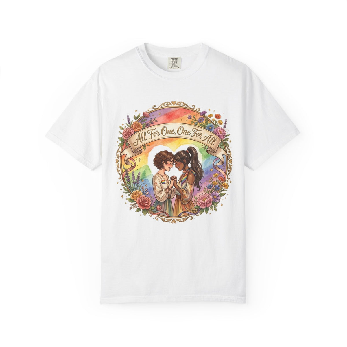 T-shirt Fierté LGBTQ « Tous pour un, un pour tous » | Illustration d'amour, motif de cœur floral