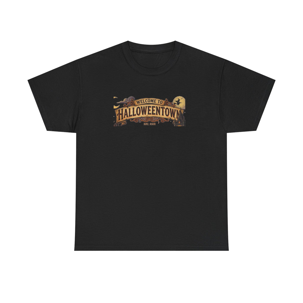 Halloweentown Illustration Double Sided T-Shirt | Spooky Village Nightscape