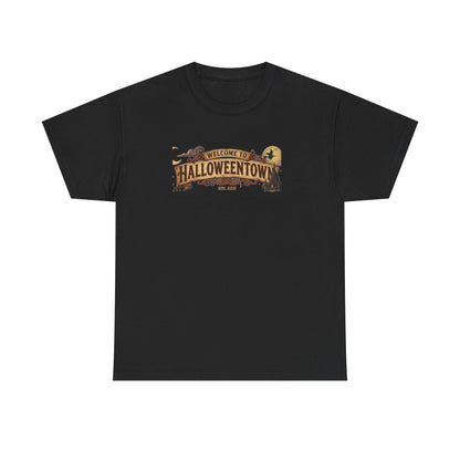 Halloweentown Illustration Double Sided T-Shirt | Spooky Village Nightscape