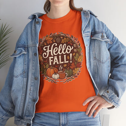 Hello Fall wreath Tee | Autumn pumpkins, leaves, cozy fall design