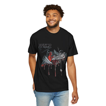 Camiseta de la banda de thrash metal Razor, diseño del álbum Violent Restitution con una motosierra goteando sangre