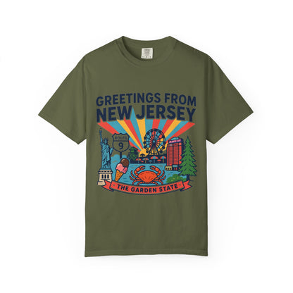 Camiseta «Saludos desde Nueva Jersey» | Diseño de postal del Estado Jardín de Nueva Jersey