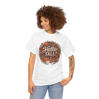 Hello Fall wreath Tee | Autumn pumpkins, leaves, cozy fall design