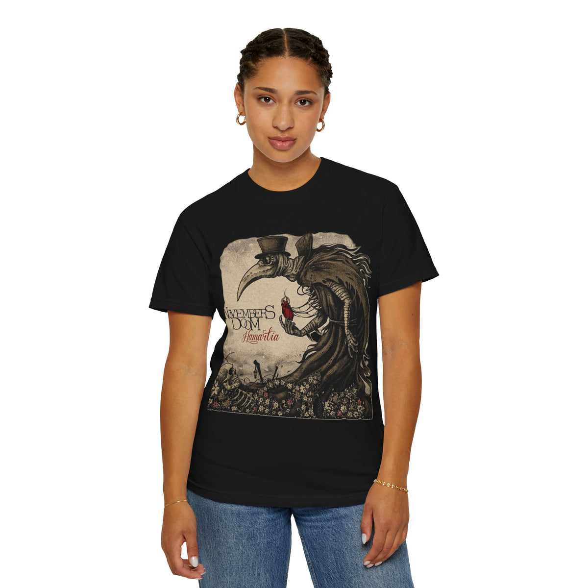 T-shirt du groupe de gothic doom metal Novembers Doom avec l'illustration médiévale de l'album Hamartia