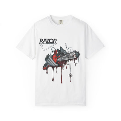 Camiseta de la banda de thrash metal Razor, diseño del álbum Violent Restitution con una motosierra goteando sangre