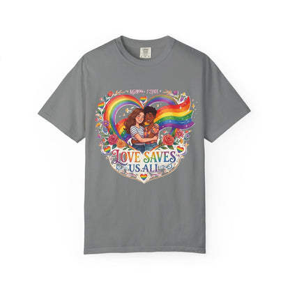 Love Saves Us All Rainbow heart LGBTQ Pride illustration T-Shirt | Pride queer couple design tee
