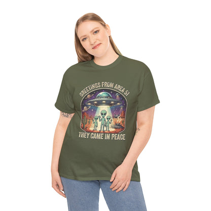 Greetings From Area 51 They Came In Peace Tee | Alien UFO Desert Scene