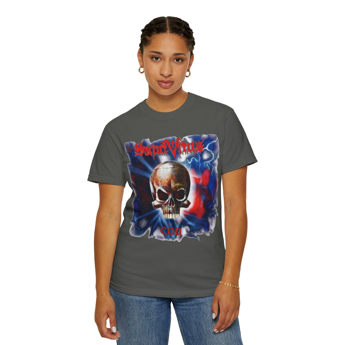 Saint Vitus Skull Graphic T-Shirt - Red Blue Gothic Artwork / Doom Metal Band Tee