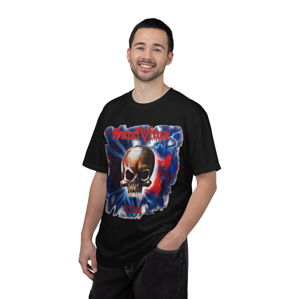 Saint Vitus Skull Graphic T-Shirt - Red Blue Gothic Artwork / Doom Metal Band Tee