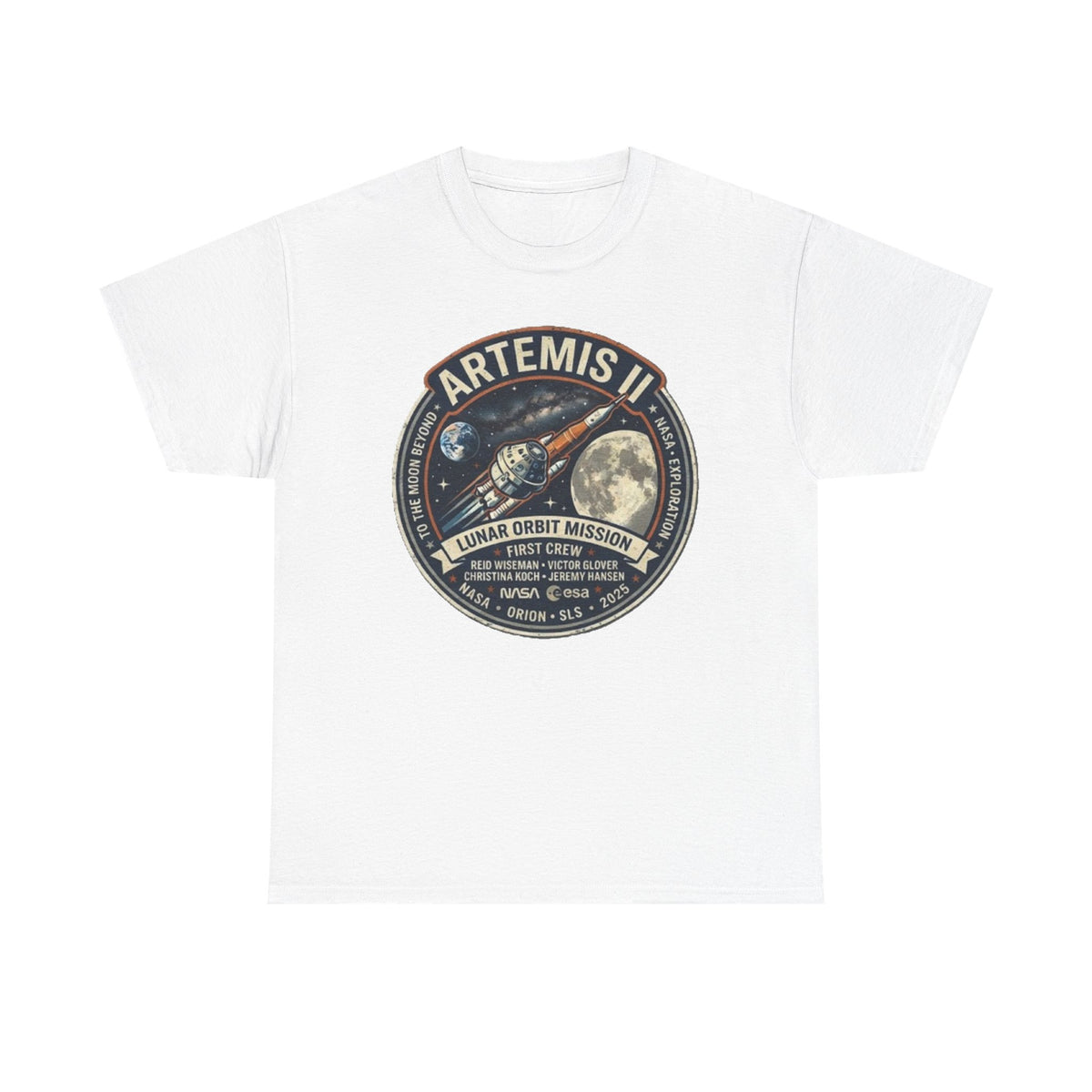 T-shirt de la mission Artemis II en orbite lunaire | Motif écusson fusée lunaire