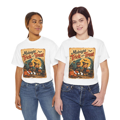 Camiseta de Halloween para niños "Midnight Trick-or-Treat" | Diseño vintage de gato y calabaza