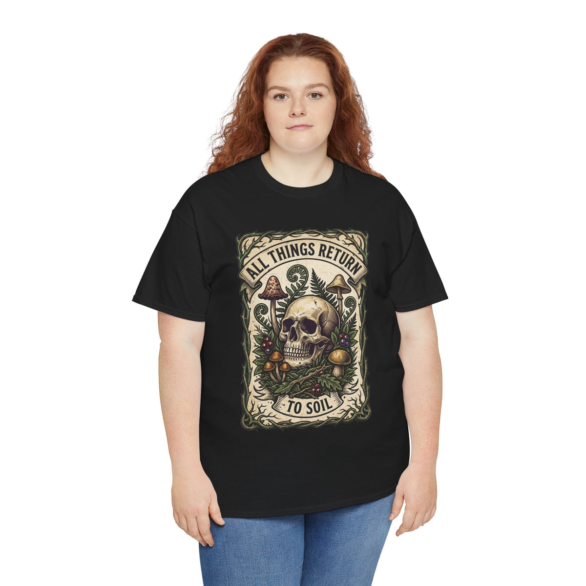 T-shirt tête de mort « All Things Return to Soil » | Motif champignons et botanique