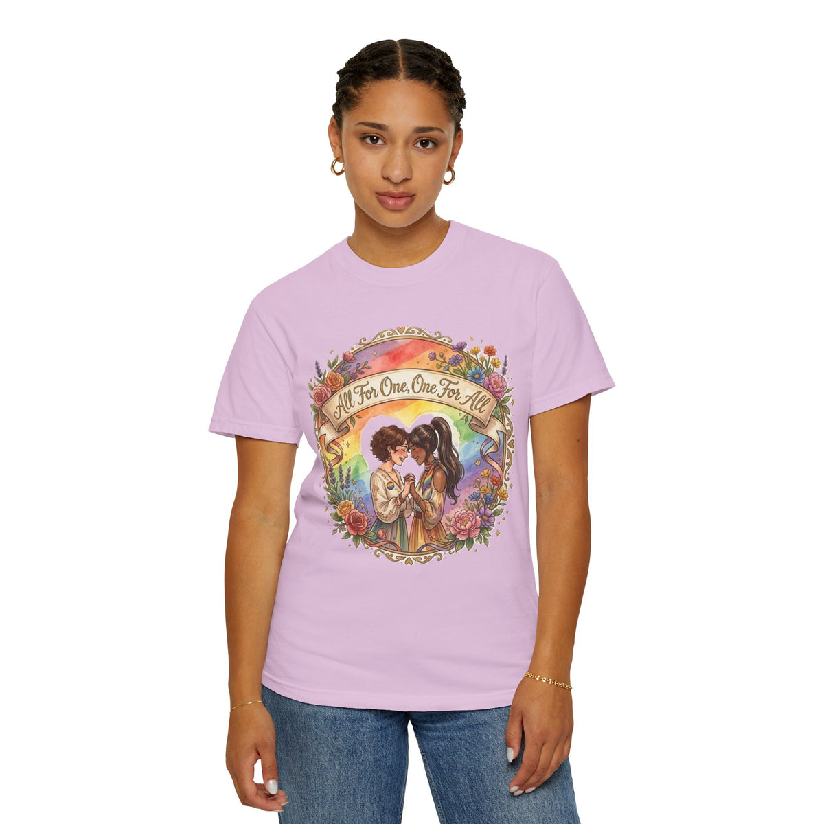 T-shirt Fierté LGBTQ « Tous pour un, un pour tous » | Illustration d'amour, motif de cœur floral