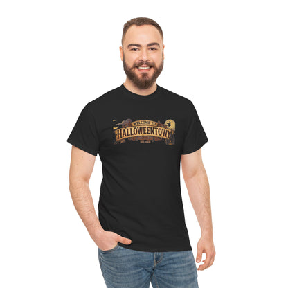 Halloweentown Illustration Double Sided T-Shirt | Spooky Village Nightscape