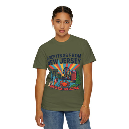 Camiseta «Saludos desde Nueva Jersey» | Diseño de postal del Estado Jardín de Nueva Jersey