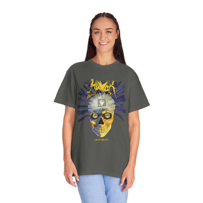 Camiseta Havok Conformicide Skull Sunburst Graphic | Arte de banda de thrash metal amarillo y azul