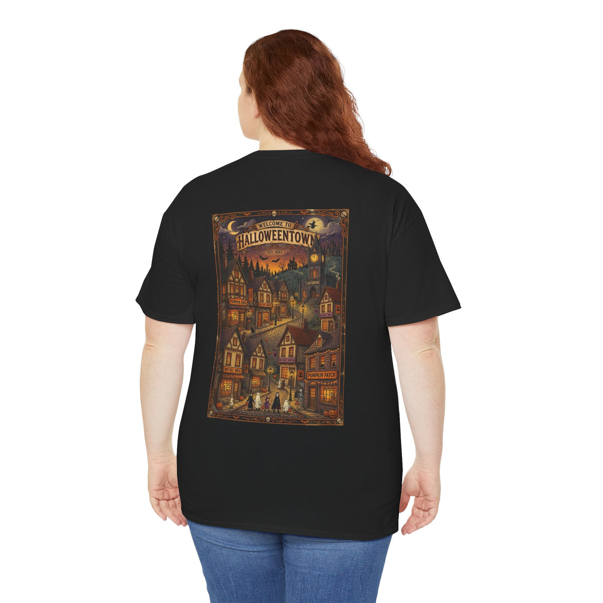 Halloweentown Illustration Double Sided T-Shirt | Spooky Village Nightscape
