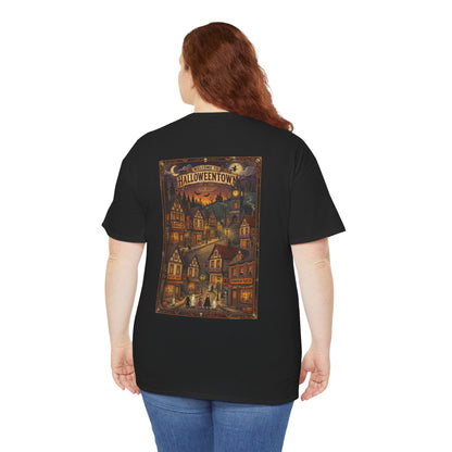 Halloweentown Illustration Double Sided T-Shirt | Spooky Village Nightscape
