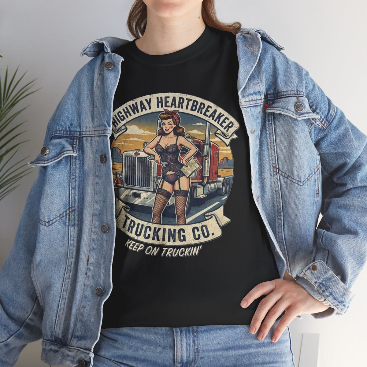 Highway Heartbreaker Trucking Co pinup girl T-Shirt | Trucker Rig Vintage Badge