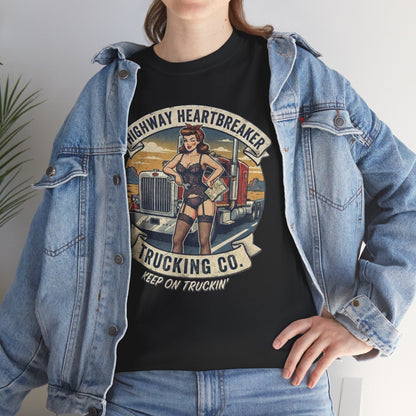 Highway Heartbreaker Trucking Co pinup girl T-Shirt | Trucker Rig Vintage Badge