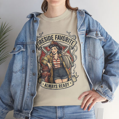 Fireside Favorite Pinup Firefighter Tee | Always Ready vintage badge