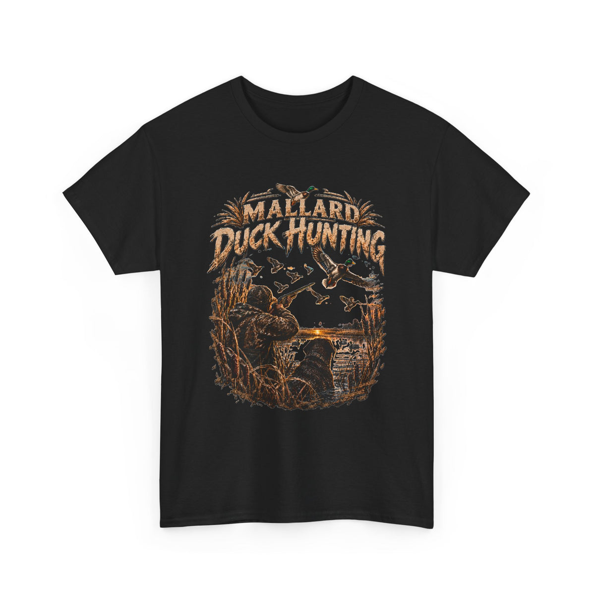 Camiseta de caza de pato azulón | Escena vintage de aves acuáticas, silueta de pantano