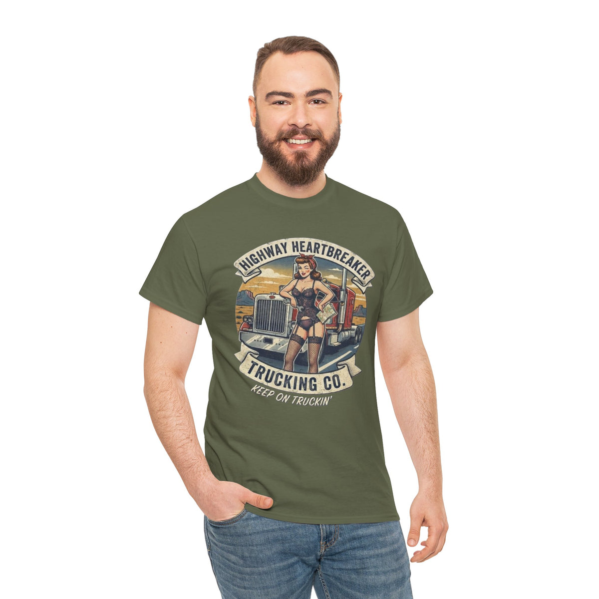 Highway Heartbreaker Trucking Co pinup girl T-Shirt | Trucker Rig Vintage Badge