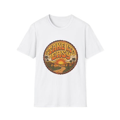 T-shirt Take It Easy sunset road | graphique rétro coucher de soleil et palmiers