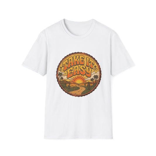 Camiseta Take It Easy con carretera al atardecer | gráfico retro de atardecer y palmeras