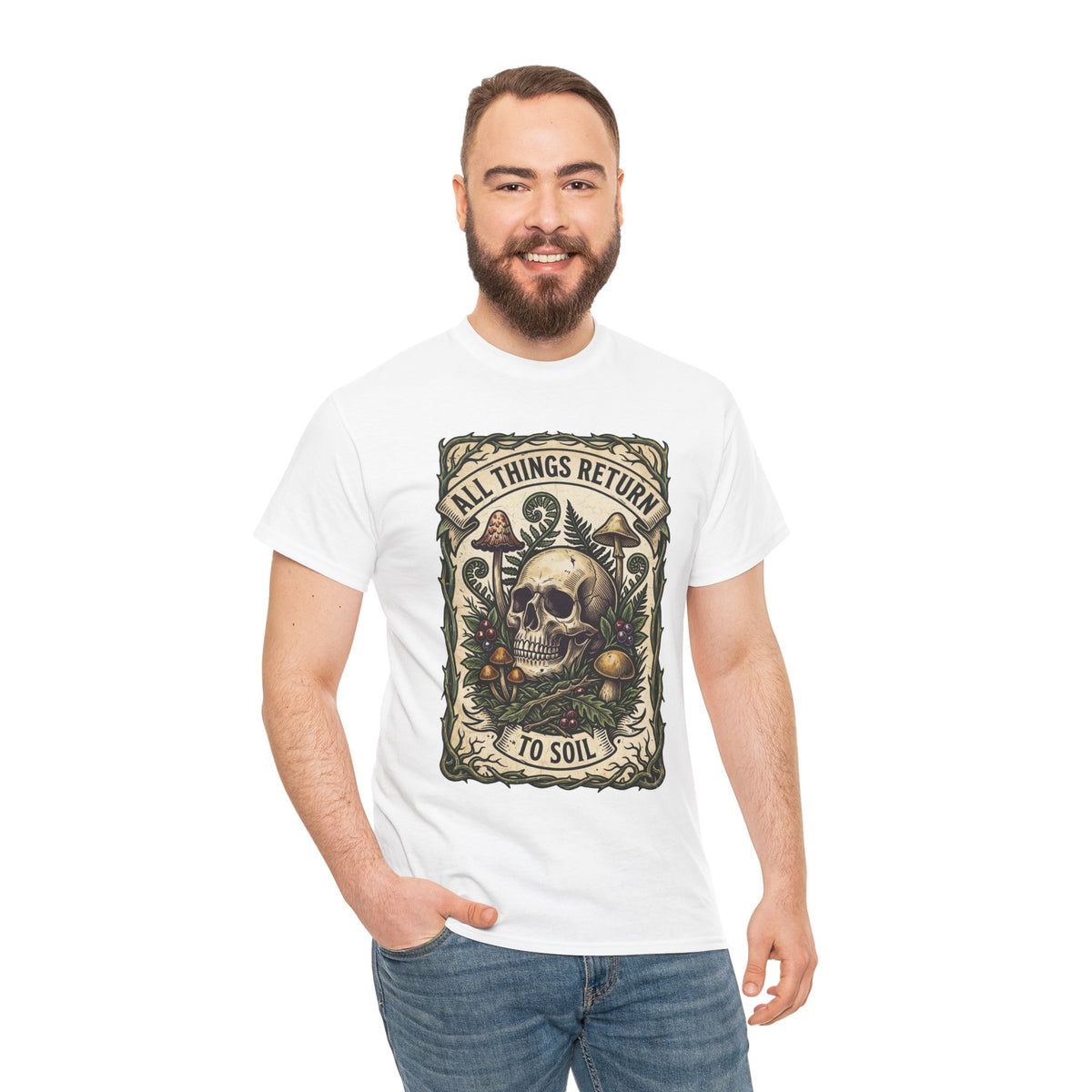 T-shirt tête de mort « All Things Return to Soil » | Motif champignons et botanique