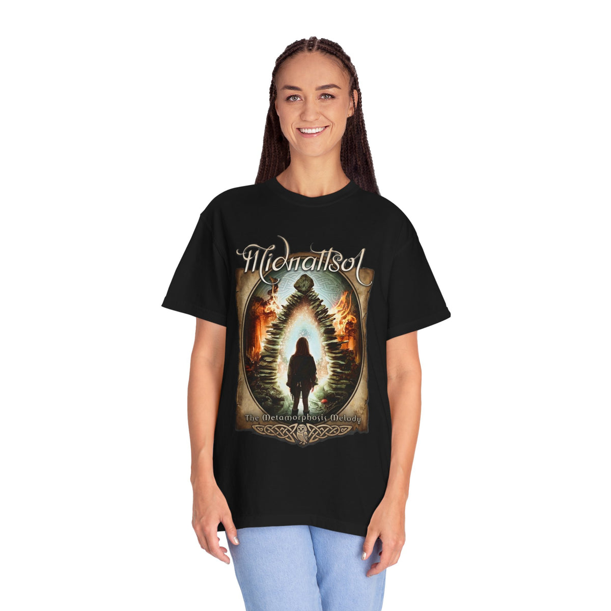 Camiseta con diseño de portal y silueta de la melodía de metamorfosis de Midnattsol | Camiseta con arte de banda de folk metal gótico