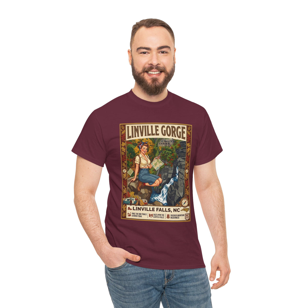 T-shirt avec illustration des chutes de Linville | T-shirt nature avec cascade des gorges de Linville