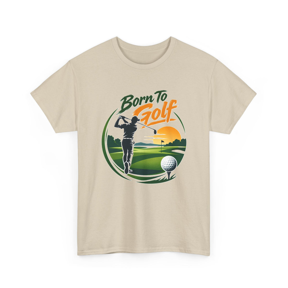 Camiseta Nacido para el golf | Silueta de golfista, escena de campo al atardecer
