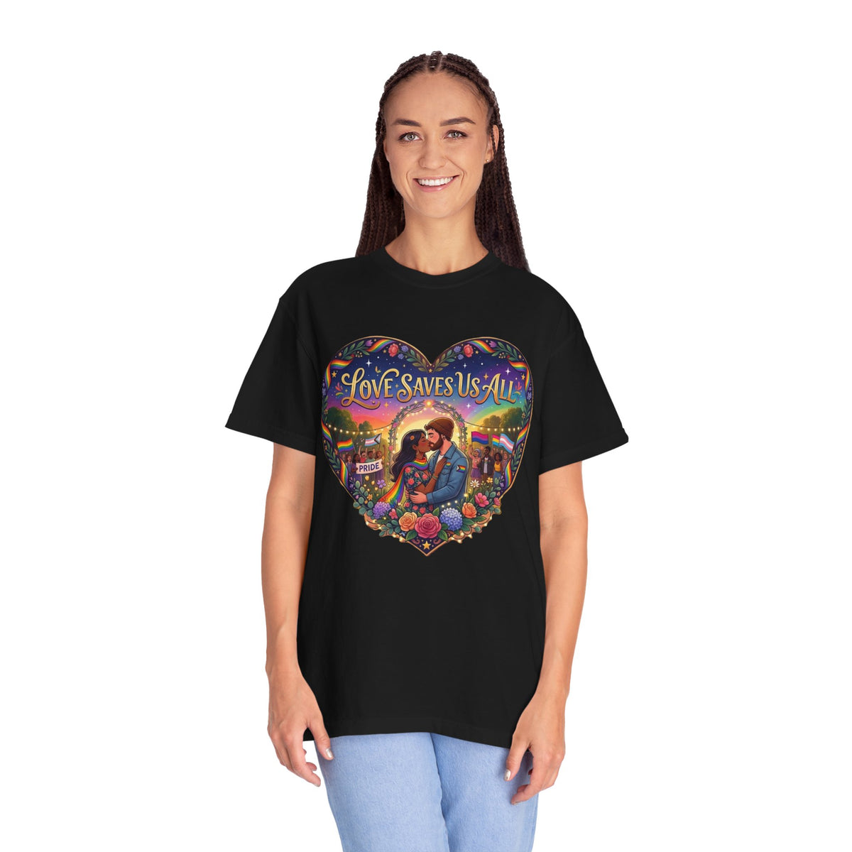 Love Saves Us All heart illustration LGBTQ T-shirt | Romantic couple, colorful sunset graphic scene tee