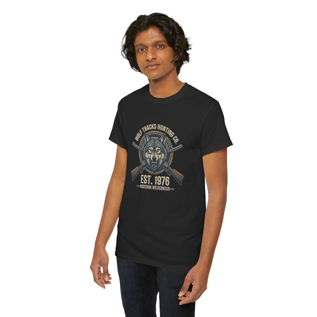 Wolf Head with Crossed Rifles T-Shirt | Hunting Club EST. 1976