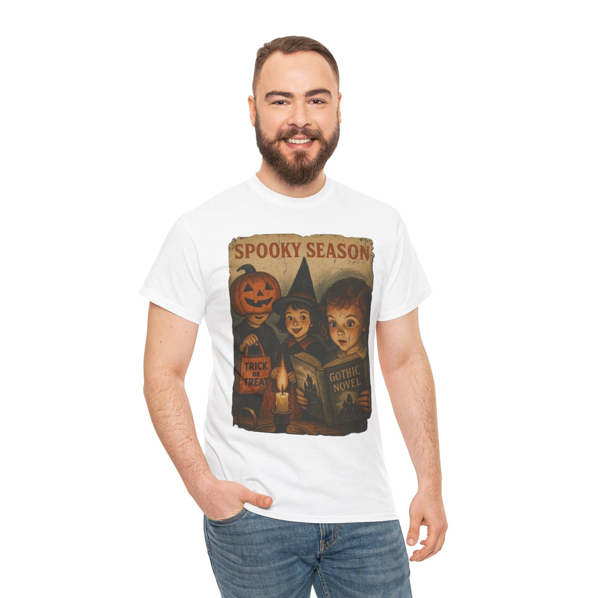 Camiseta gótica de novela de Halloween con bruja y calabaza de temporada espeluznante