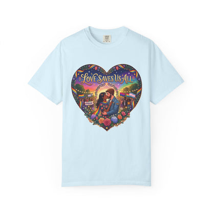 Love Saves Us All heart illustration LGBTQ T-shirt | Romantic couple, colorful sunset graphic scene tee