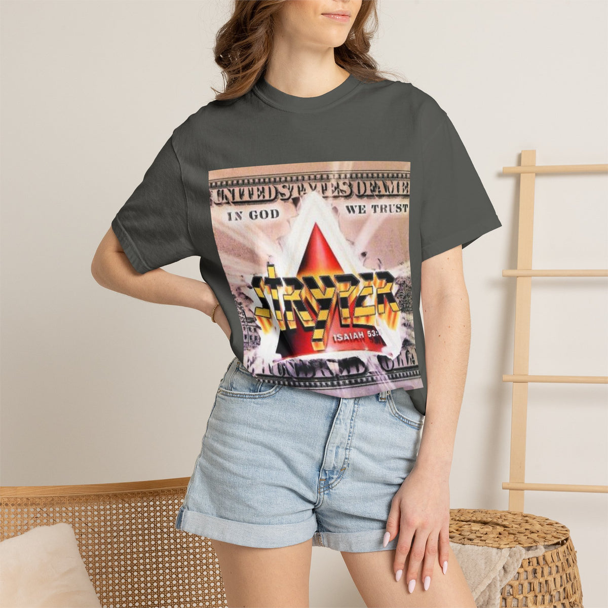 Stryper In God We Trust Album Artwork Graphic T-shirt | Retro Hard Rock Band Collage Tee